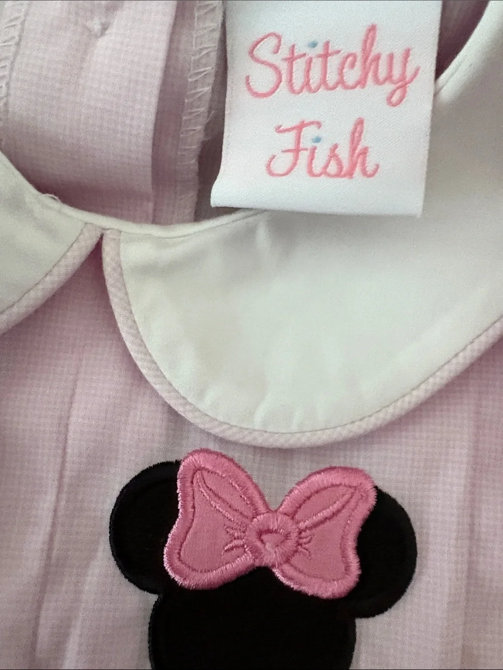 NWOT Stitchy Fish Pink Long-Sleeve Girls Dress with Bow Minnie Appliqués